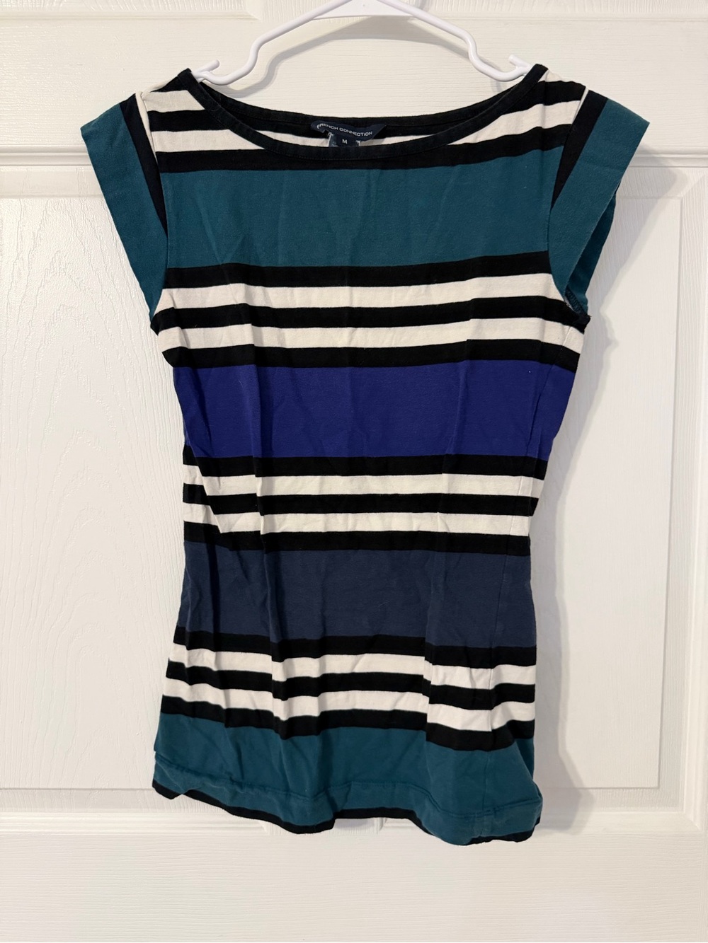 French Connection Striped Short-Sleeve Tee in Teal, Navy & White